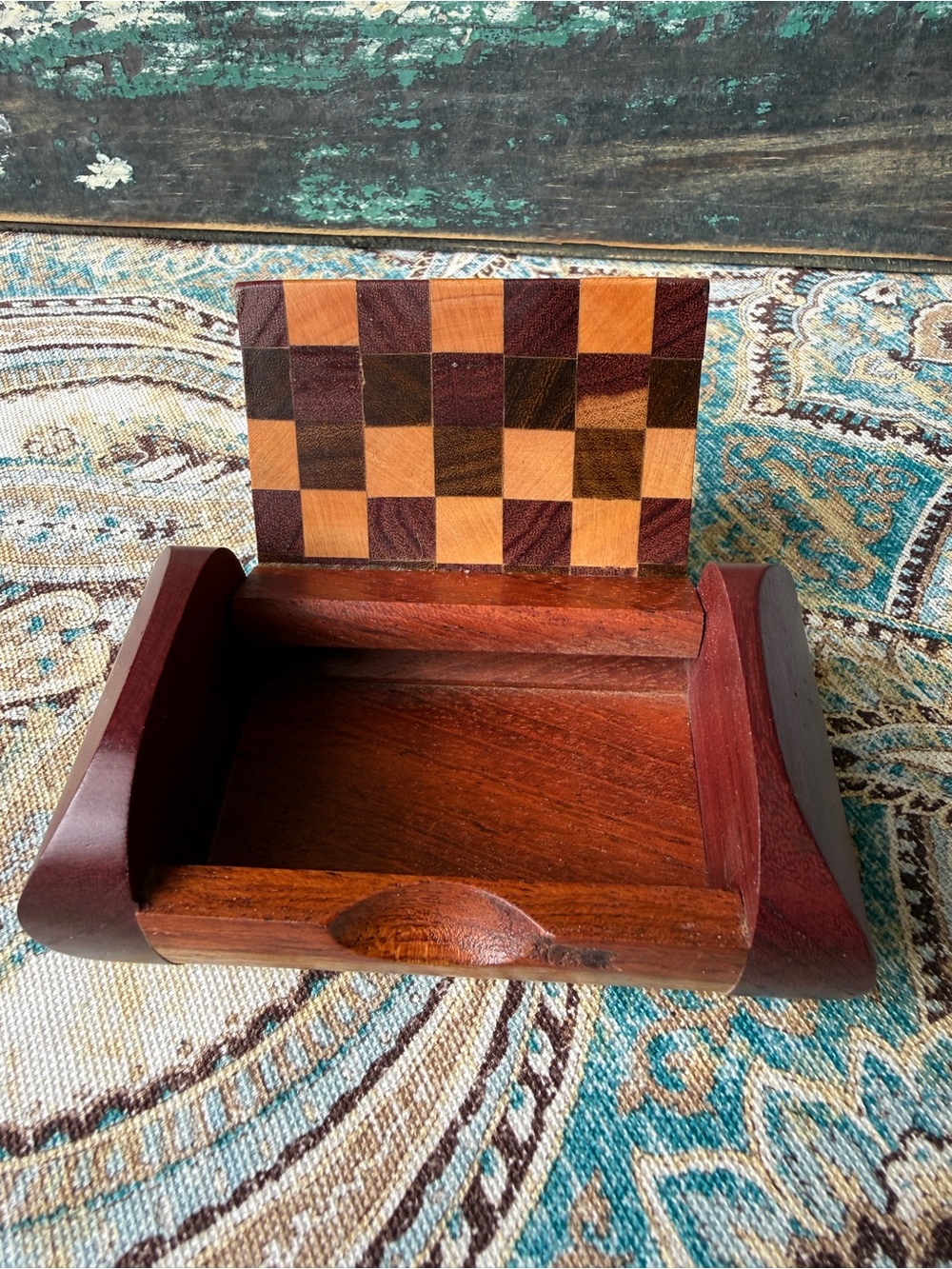 Wood Trinket Jewelry Box Checkerboard Inlay Hinged Lid Business Card Holder Vint